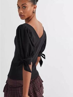 Maeve Black Puff Sleeve Tie Blouse V-Neck Short Sleeve Size S
